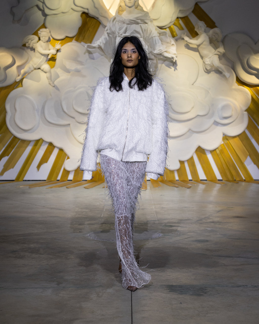 WHITE FEATHER BOMBER JACKET