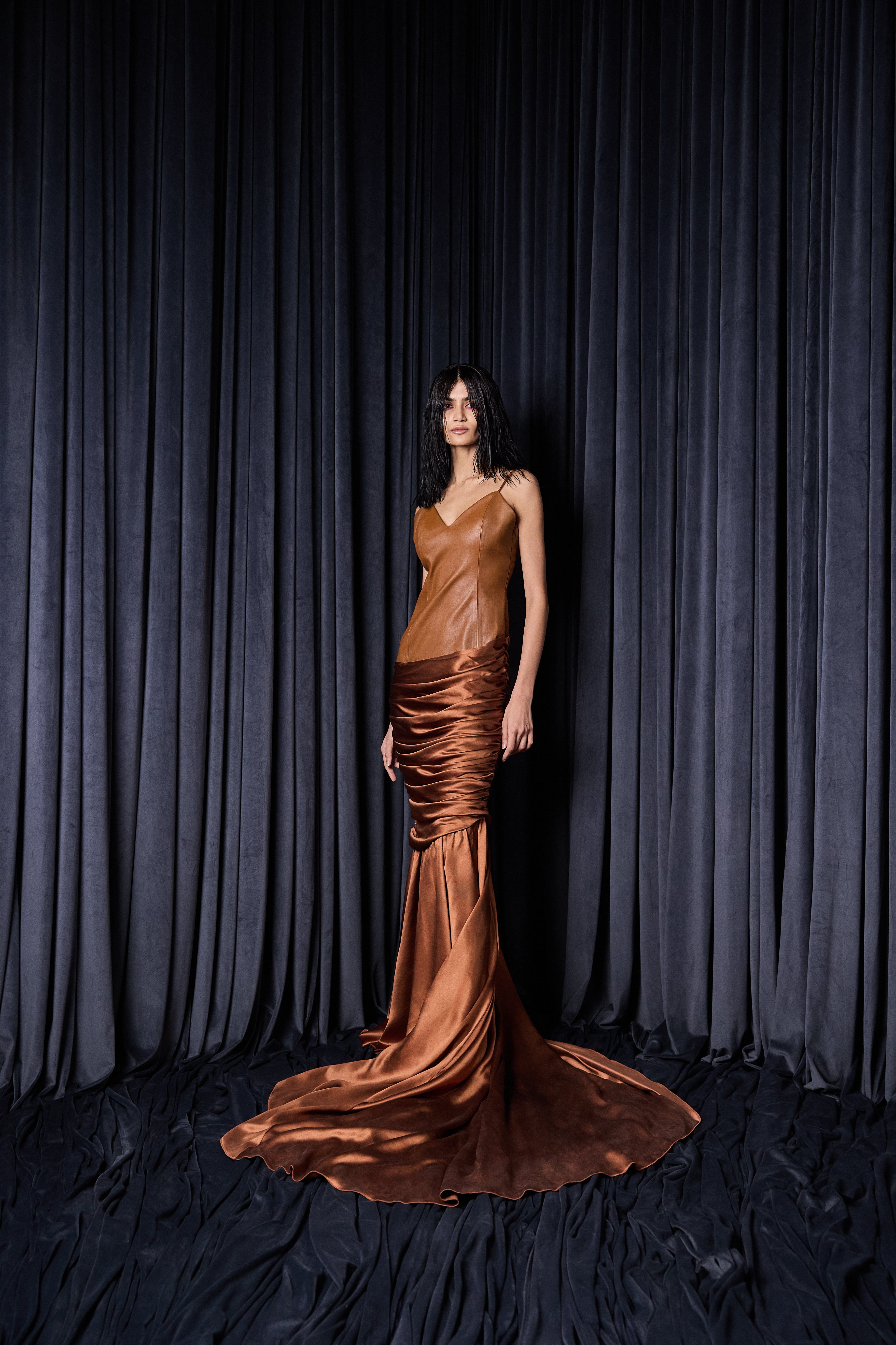 AMBER LEATHER & SILK SIREN DRESS - S AMBER LEATHER & SILK SIREN DRESS - S