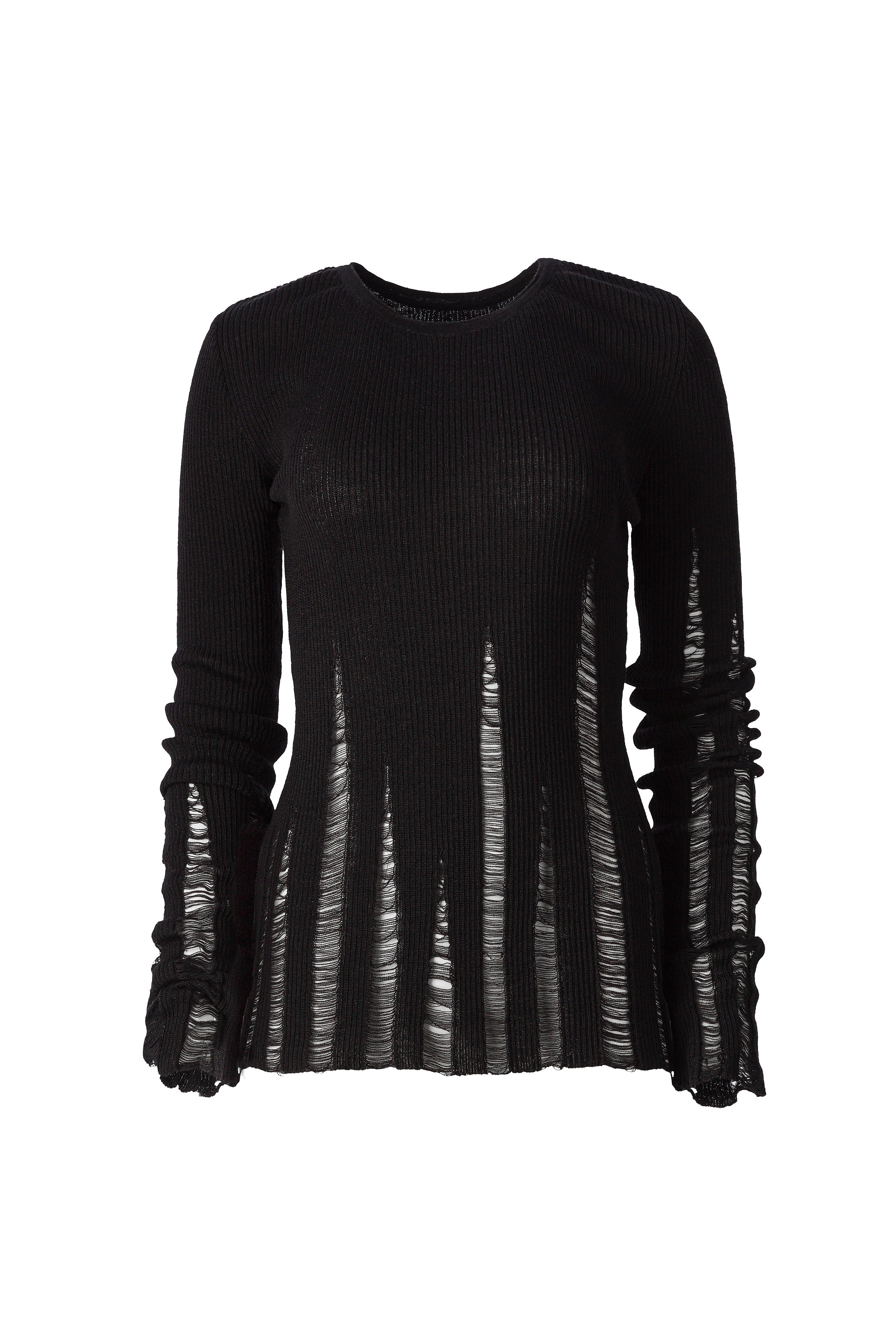 BLACK DISTRESSED LONG SLEEVE TOP