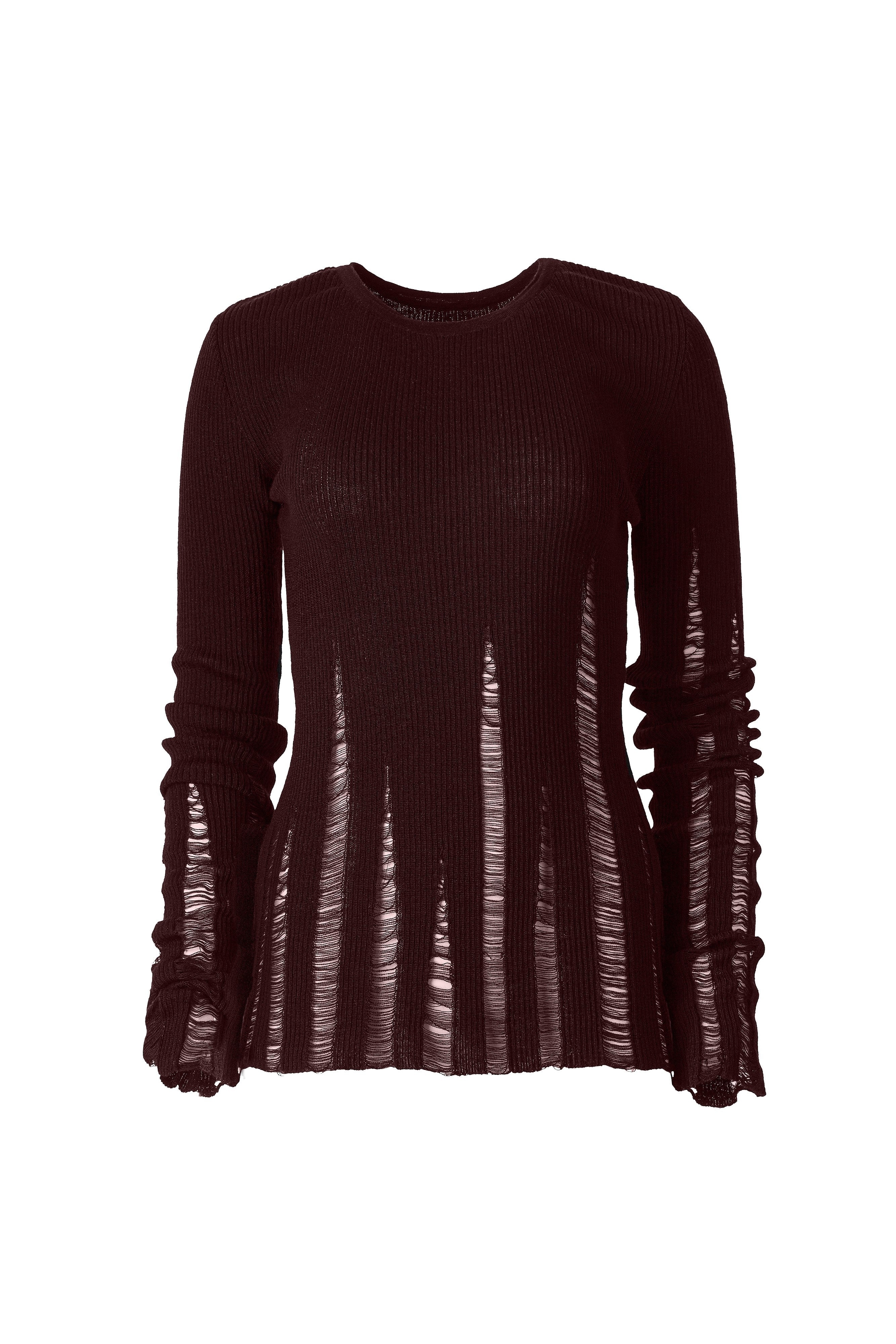 BROWN DISTRESSED LONG SLEEVE TOP