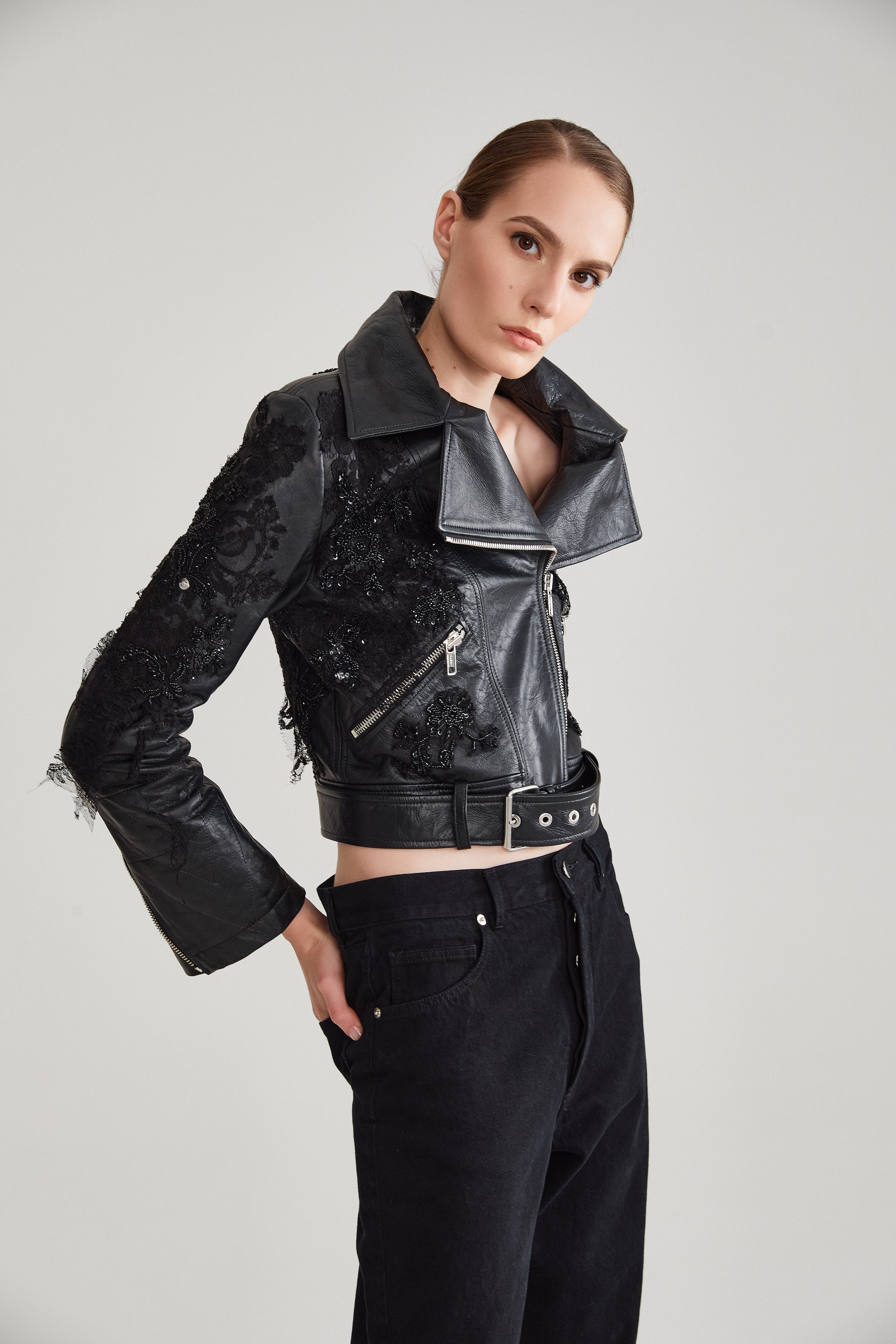 MIX EMBROIDERY LEATHER JACKET