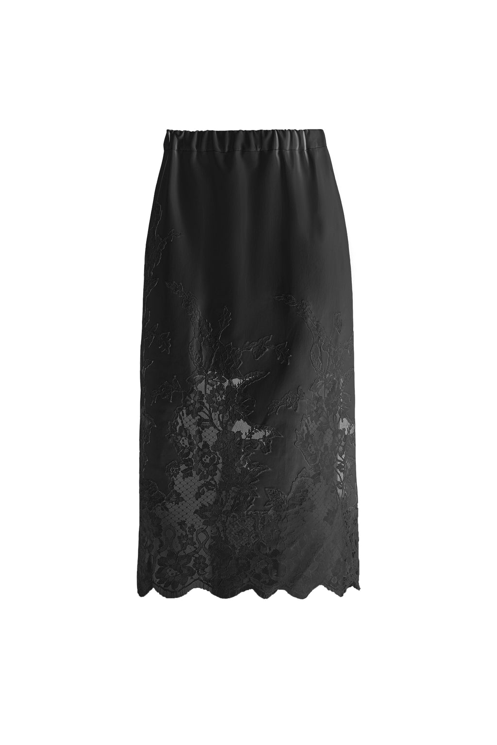Black skirt with lace detailing on a white background made by ALMAZ